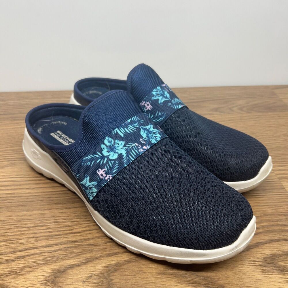 Skechers Go walk Women's 9.5 Tropical Oasis Navy Blue Mash Mules Casual Shoes